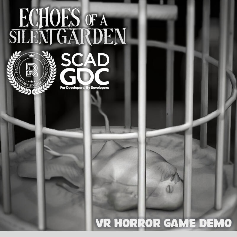 Thumbnail for Echoes of a Silent Garden, a VR horror game demo. It was a rookie awards finalist and showed at the Savannah College of Design's GDC booth in 2025. It shows a close up of a 3D model of a deceased songbird in a cage in black and white.