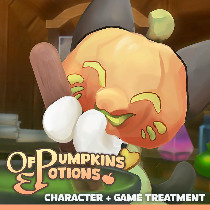Thumbnail for Of Pumpkins and Potions: A character and game treatment. It shows an anthropomorphic cat creature with a jack-o-lantern head stirring a cauldron.