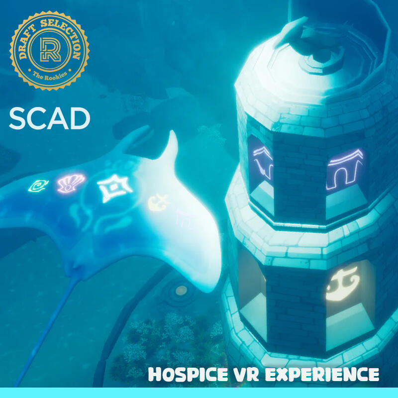 Thumbnail for Water Wings, a hospice VR experience. It shows a manta ray with magical glowing glyphs on it s back hovering above an underwater ruined tower with matching symbols. It is associated with the Savannah College of Art & Design and was a draft se
