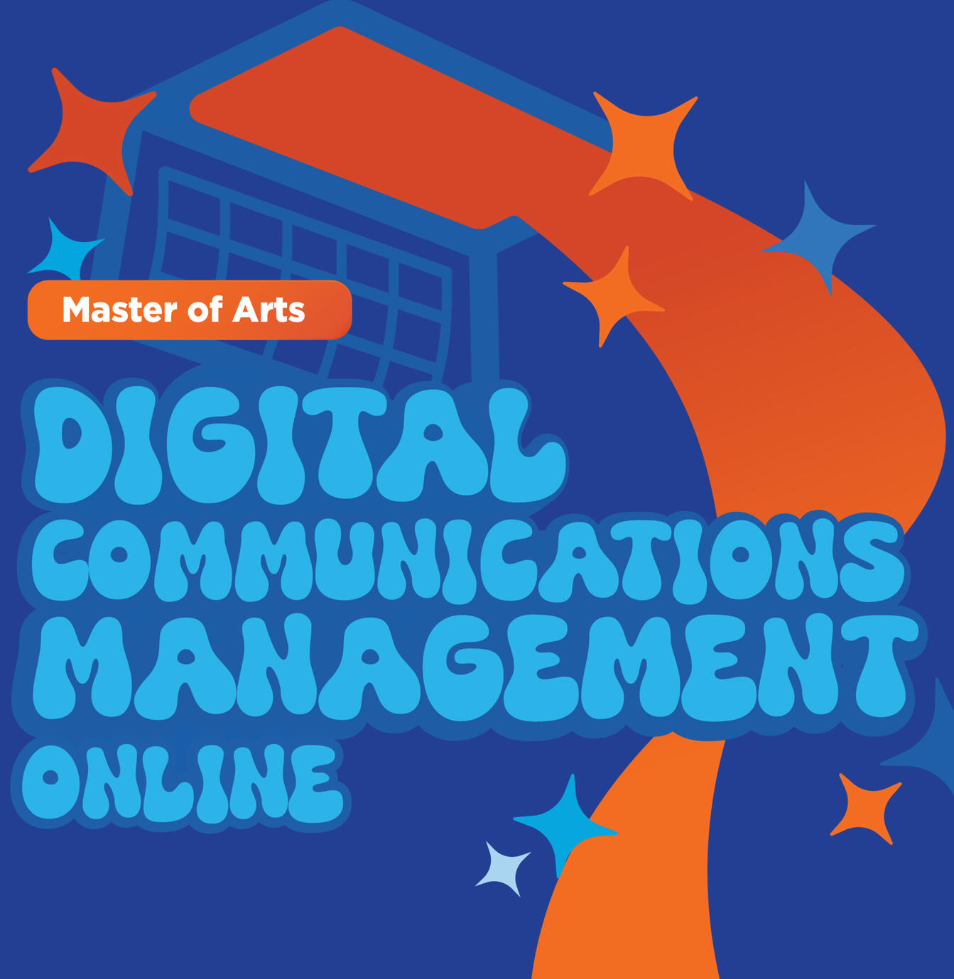 Thumbnail for Branding Content for Digital Communications Management Master of Arts at Boise State University. It shows a piece of an advertisement for the program that has a gradient of orange light flowing from the screen of a stylized laptop on a blue b