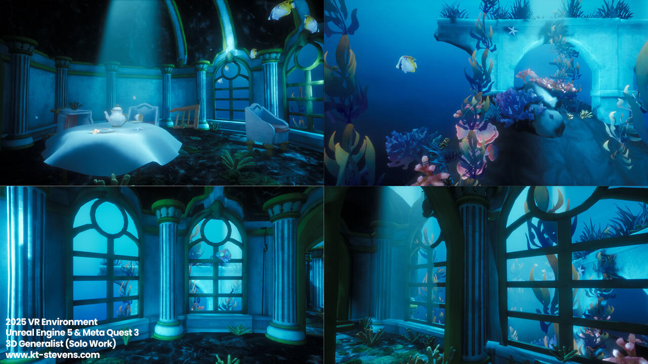 Final image renders of an underwater scene created in Unreal Engine for VR, part of the Water Wings Rehash project.